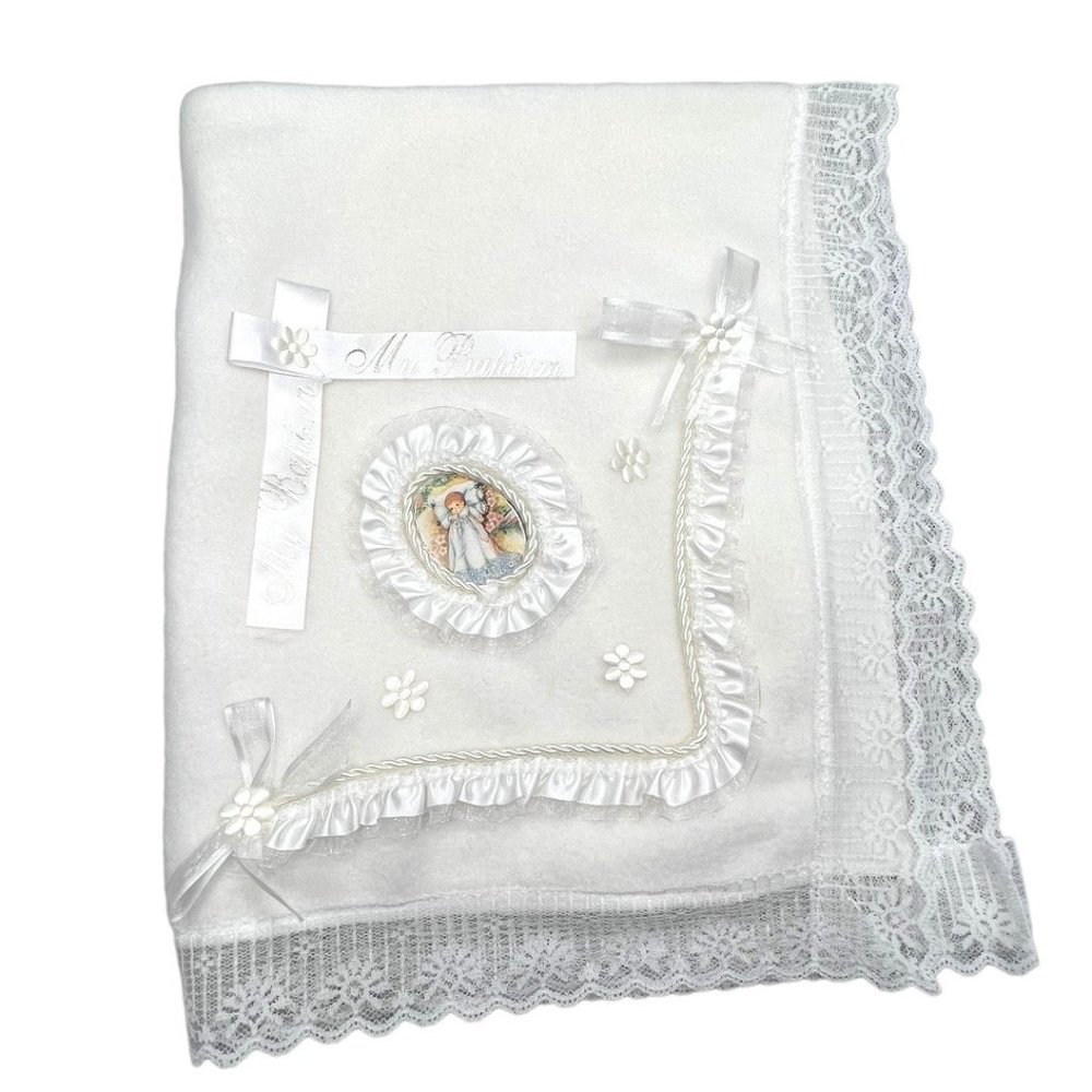 My Baptism Blanket White Christening Blanket Cotton/Fleece With Lace Trim